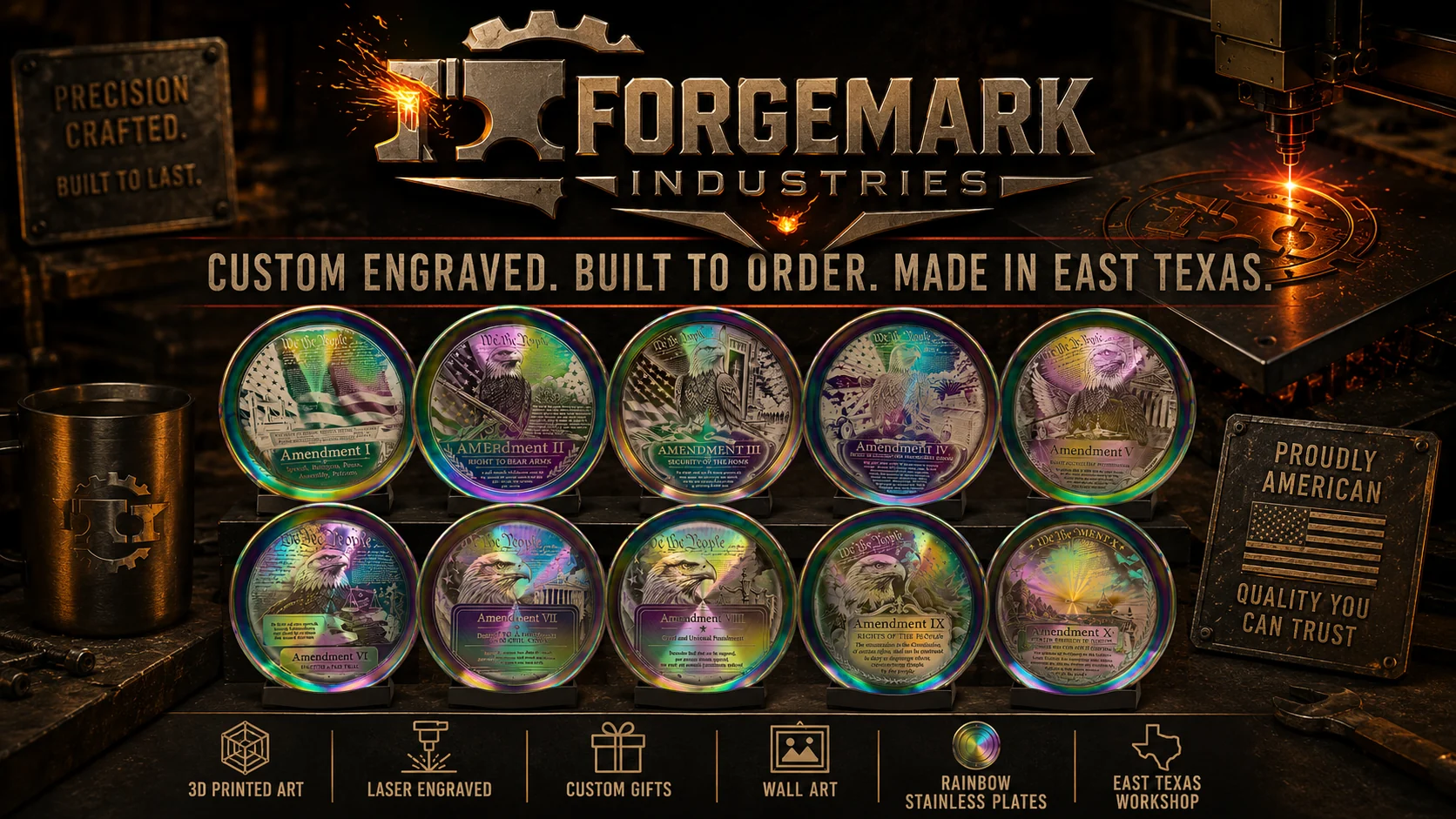 ForgeMark Industries promotional banner showing rainbow stainless Bill of Rights plates, laser engraving, custom gifts, wall art, and East Texas workshop branding