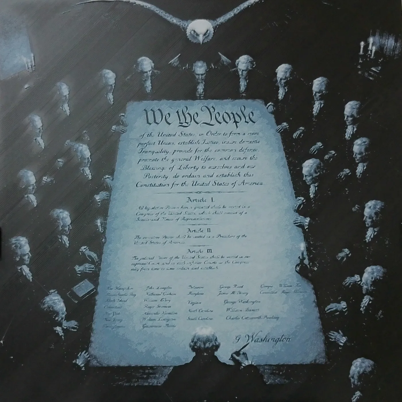 Blue monochrome Signing the Constitution art