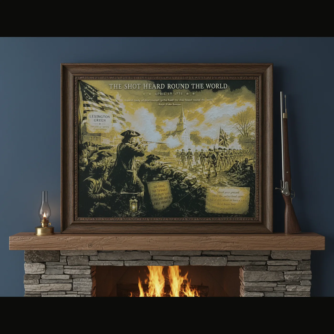 Golden Age Shot Heard Round the World wall art displayed over a fireplace
